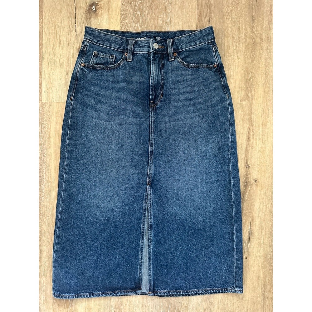 Old Navy Womens 6 High Rise Denim Midi Skirt Dark Wash Secret Smooth Pockets